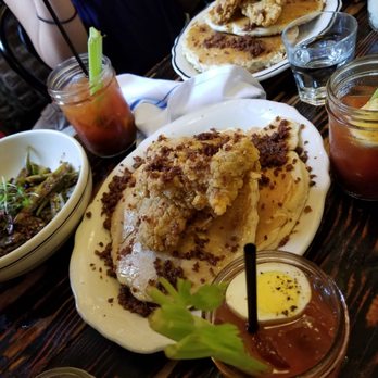 Jacob's Pickles - Fried chicken and pancakes, surrounded by okra and Chile and various bloody Mary's! - Comfort Food Near Me - New York, New York Jacob's Pickles - Fried chicken and pancakes, surrounded by okra and Chile and various bloody Mary's! - Comfort Food Near Me - New York, New York