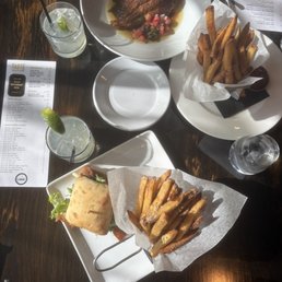 Blackened salmon BLT, Blackened Catfish, Fresh cut fries and a daiquiri Blackened salmon BLT, Blackened Catfish, Fresh cut fries and a daiquiri