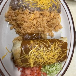 Poppa's Place - Chicken chimichanga with rice and beans