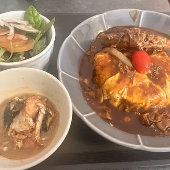 Marulilu Cafe - Omu Garlic Rice with Hamburger steak and hayashi sauce - saba miso on side - Cafes Near Me - Vancouver, British Columbia Marulilu Cafe - Omu Garlic Rice with Hamburger steak and hayashi sauce - saba miso on side - Cafes Near Me - Vancouver, British Columbia