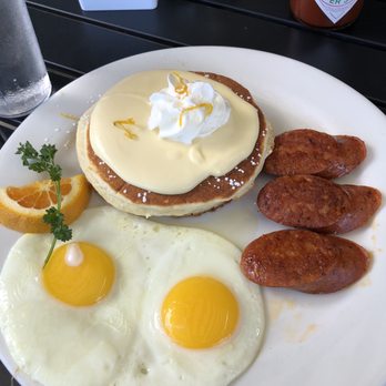 Moke's Bread & Breakfast - Breakfast #1 - soft sunny side up - p sausage - lilikoi pancakes - Breakfast & Brunch Near Me - Kailua, Hawaii