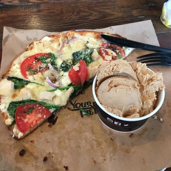 Your Pie - Spinach, tomato, onion, and chicken over feta and mozzarella with a gluten-free crust. And salted caramel gelato! - Pizza Near Me - Norfolk, Virginia