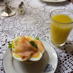 Skagen Bageri - Salmon and egg sandwich, accompanied by orange juice!
