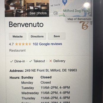 Benvenuto - Hours - Italian Near Me - Milford, Delaware Benvenuto - Hours - Italian Near Me - Milford, Delaware