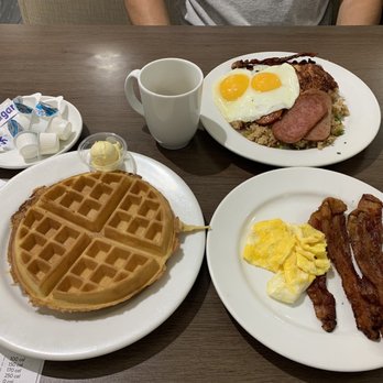 Zippy's Makiki - Belgian waffle eggs and bacon! Meat lovers breakfast platter - Diners Near Me - Honolulu, Hawaii Zippy's Makiki - Belgian waffle eggs and bacon! Meat lovers breakfast platter - Diners Near Me - Honolulu, Hawaii