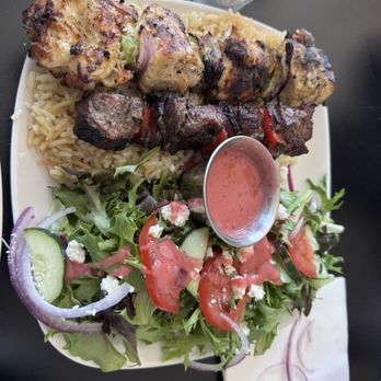 The Mix Up Mediterranean Table - Lamb & Chicken Kabobs with rice and salad - Mediterranean Near Me - Galt, California The Mix Up Mediterranean Table - Lamb & Chicken Kabobs with rice and salad - Mediterranean Near Me - Galt, California