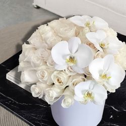 Flower & Blooms - Beautiful white roses and orchids flower box arrangement