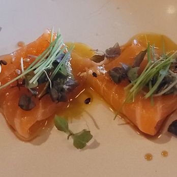 Ichijiku Sushi - Yuzu Miso Salmon Crudo - Sushi Bars Near Me - Houston, Texas Ichijiku Sushi - Yuzu Miso Salmon Crudo - Sushi Bars Near Me - Houston, Texas