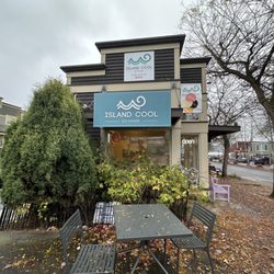 Island Cool - The view as you drive down the hill toward the ferry terminal. Parking behind the shop (left side of photo) front door on the street.