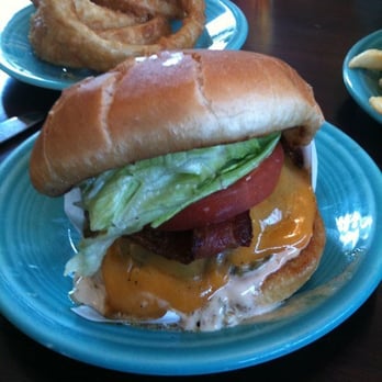 Jongewaard's Bake n Broil - Bacon Cheese Burger with a side of giant onion rings - American Near Me - Long Beach, California