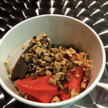 Yes Yogurt - Red tiger blood and salted pretzel with almonds on top - Ice Cream & Frozen Yogurt Near Me - Morgan Hill, California