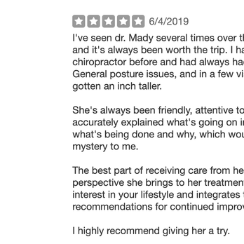 Maddie Bell, DC - Another 5 star review for Dr. Maddie! Mahalo! - Chiropractors Near Me - Downing, Missouri Maddie Bell, DC - Another 5 star review for Dr. Maddie! Mahalo! - Chiropractors Near Me - Downing, Missouri