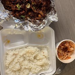Spicy Chicken Bulgogi, rice and kimchi. Spicy Chicken Bulgogi, rice and kimchi.