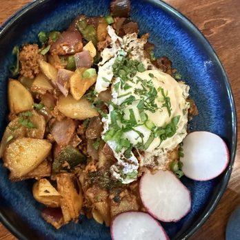 Purely Provisions - Chorizo & Potato Hash (closeup) - Coffee Roasteries Near Me - Round Rock, Texas