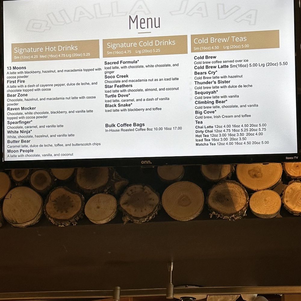 Qualla Java Cafe - menu on the wall - Cafes Near Me - Cherokee, North Carolina Qualla Java Cafe - menu on the wall - Cafes Near Me - Cherokee, North Carolina