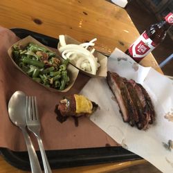 It's All Good BBQ - The Green Beans, Bacon wrapped Jalapeño, Brisket and Ribs, and a side of onions. An ice cold Lone Star for thirst hehee.