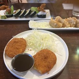 6 Piece Deep Fried Gyoza, 2 Piece Vegetable Croquette, and Spider Roll