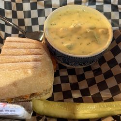 Base Camp Restaurant - 1/2 Salmon Panini and Cup of Broccoli Cheddar Soup