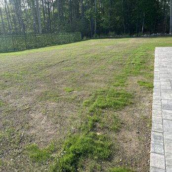 Best In Irrigation - Section of backyard -Ronnie put in 6 zones and provide helpful tips on water times as well as fertilizer and seed. This is day 6 - The image shows a backyard with a section of grass that is patchy and uneven, with some areas of bare soil. To the right, there is a paved area with gray stone tiles surrounding a pool. The background includes a black fence and a line of trees, indicating a private outdoor space. The scene is well-lit, suggesting daytime with sunlight illuminating the area. - Irrigation Near Me - Framingham, Massachusetts
