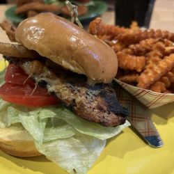 Hamburger Mary's - Orlando - Black Jack with chicken breast and sweet potato fries.