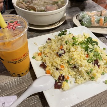 Huong Lan 11 - Thai tea, fried rice combo, shrimp and pork spring roll, large special pho - Vietnamese Near Me - Fresno, California
