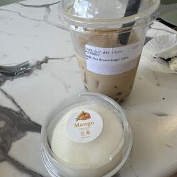 Mango mochi , brown sugar boba milk tea