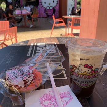 Hello Kitty Cafe - Iced milk tea and hello kitty face donut - Desserts Near Me - Las Vegas, Nevada