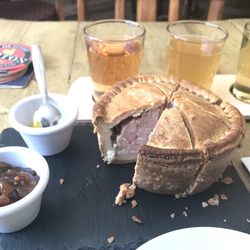 Bitter-Suite - Pork pie (onion and mustard sauce condiments) and flight of 3 ciders