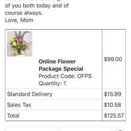 Photo of receipt they sent me. Notice photo of bouquet included. Photo of receipt they sent me. Notice photo of bouquet included.