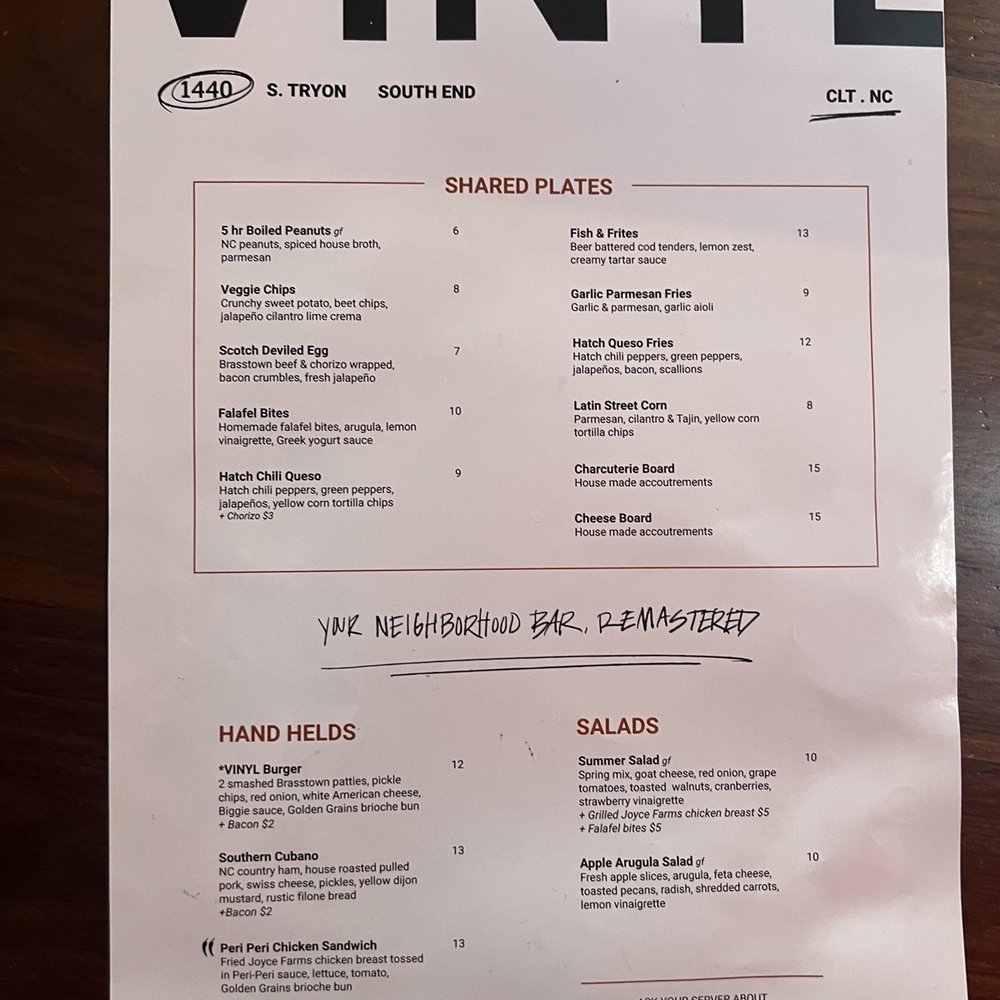 VINYL - Menu - New American Near Me - Charlotte, North Carolina VINYL - Menu - New American Near Me - Charlotte, North Carolina