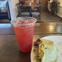 Black organic ice tea blueberry lemonade, lightly sweet, wonderful pick me up during blazing heat. And breakfast burrito, mostly devoured!