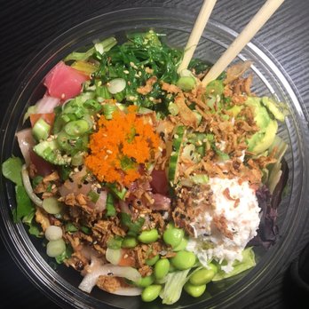 PurePoke - A large creation of my own, with yellowtail, salmon, tuna, avocado, crab salad, masago and much more over mixed greens. Incredible. - Poke Near Me - Frisco, Texas PurePoke - A large creation of my own, with yellowtail, salmon, tuna, avocado, crab salad, masago and much more over mixed greens. Incredible. - Poke Near Me - Frisco, Texas