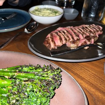 Matu - Ribeye with charred broccoli and mashed potato purée - Steakhouses Near Me - Beverly Hills, California
