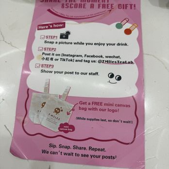 7 Miles Tea Lab - Snap for a free drink tote, so cute ! 12/2024 - Bubble Tea Near Me - Chino, California