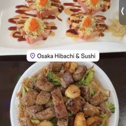 Steak & Scallop Teriyaki and the Main Star Roll sushi