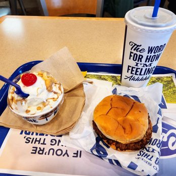 Culver's - Caramel sundae and hamburger. Diet root beer - Fast Food Near Me - Madison Heights, Michigan
