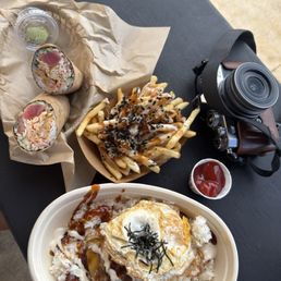 Loco moco, furikake fries and japanese roll Loco moco, furikake fries and japanese roll
