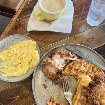 Dandelion Cafe - Chicken and Waffles, scrambled eggs, and a latte. - Coffee & Tea Near Me - Bellaire, Texas