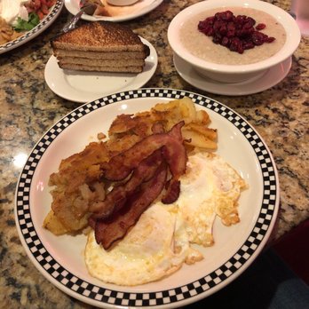 DinerLuxe - Eggs over easy,bacon and home fries cinnamon oatmeal with cranberry, whole wheat toast and coffee - Diners Near Me - New Milford, Connecticut DinerLuxe - Eggs over easy,bacon and home fries cinnamon oatmeal with cranberry, whole wheat toast and coffee - Diners Near Me - New Milford, Connecticut