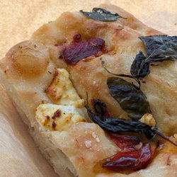 Roasted peppers, goat cheese, and basil focaccia.
