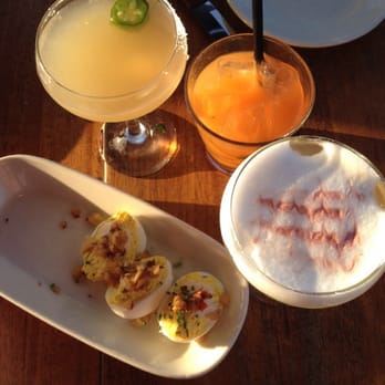 Whiskey Cake - Deviled eggs and our drinks! The white foam one is the bluebonnet and is my fav for sure! - New American Near Me - Plano, Texas