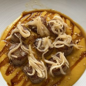 Grezi - Scallops in pureed squash with hazelnut - New American Near Me - Buffalo, New York Grezi - Scallops in pureed squash with hazelnut - New American Near Me - Buffalo, New York
