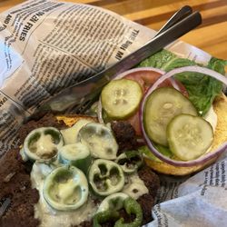 Wilbo Burgers, Brats & Beer - Smash burger with all the fixings, pepper jack, and sautéed jalepenos