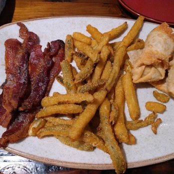 The Gin & Granary - Three point hitch starter with pig candy(bacon), bacon jalapeno popper egg rolls, and fried pickles - Steakhouses Near Me - Wall, Texas The Gin & Granary - Three point hitch starter with pig candy(bacon), bacon jalapeno popper egg rolls, and fried pickles - Steakhouses Near Me - Wall, Texas