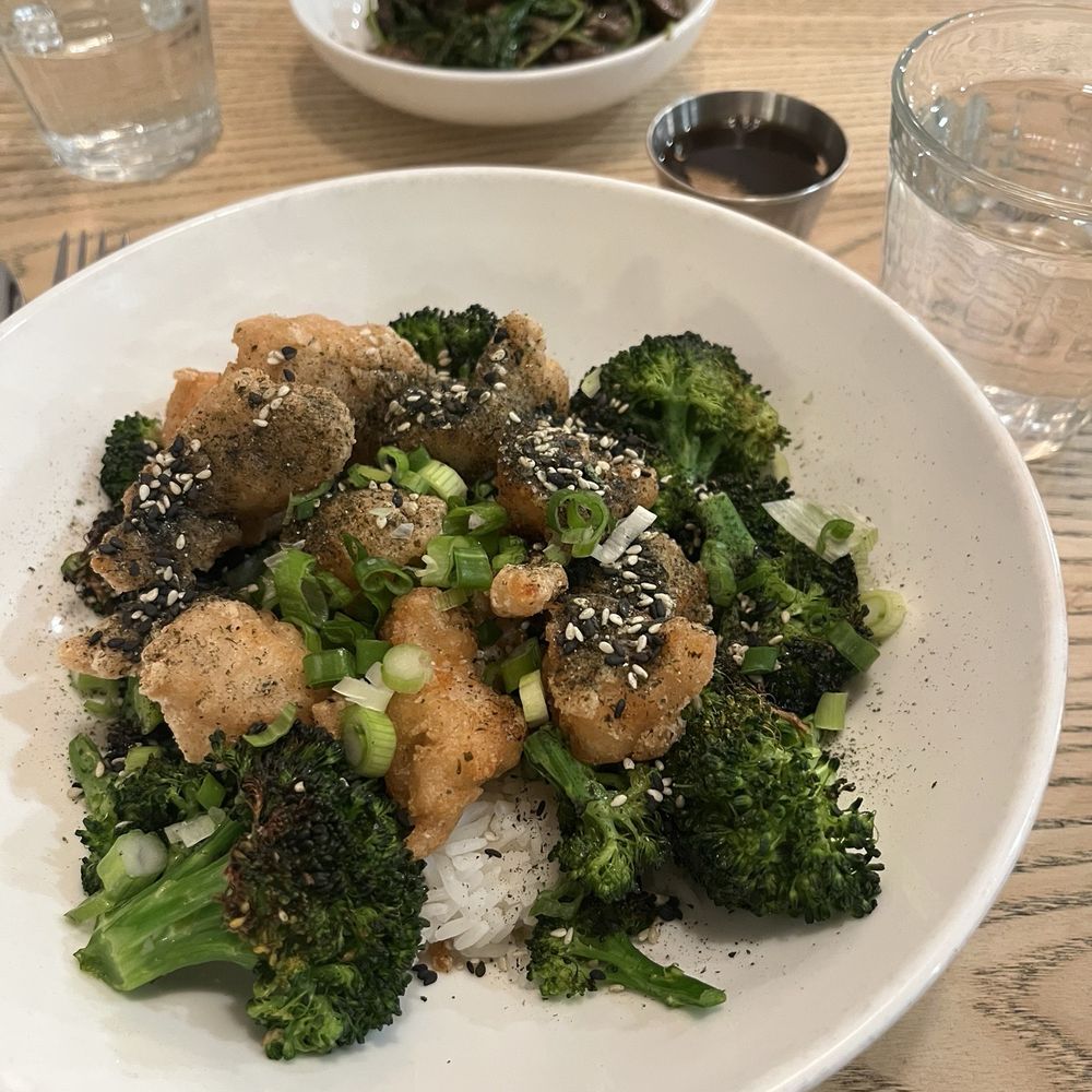 My Sesame Chicken Bowl and side of Chimichurri Mushrooms