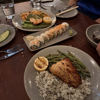 Pacific Catch - Miso Black Cod, Lobster California Roll, Salmon with Chimichurri sauce and Kimchi Fried Rice - Seafood Near Me - Santa Monica, California