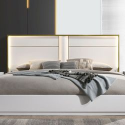 Modern platform bed with lights and gold finish accents in white lacquer finish