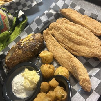 Punkin's Bar-B-Que & Catfish - 4 piece catfish with fried okra and a loaded baked potato - Barbeque Near Me - Pauls Valley, Oklahoma Punkin's Bar-B-Que & Catfish - 4 piece catfish with fried okra and a loaded baked potato - Barbeque Near Me - Pauls Valley, Oklahoma