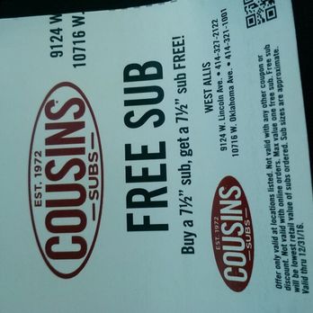 Cousins Subs - The coupon. - Sandwiches Near Me - West Allis, Wisconsin Cousins Subs - The coupon. - Sandwiches Near Me - West Allis, Wisconsin