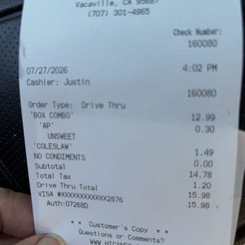 Raising Cane's Chicken Fingers - Receipt (extra coleslaw) - Chicken Shop Near Me - Vacaville, California